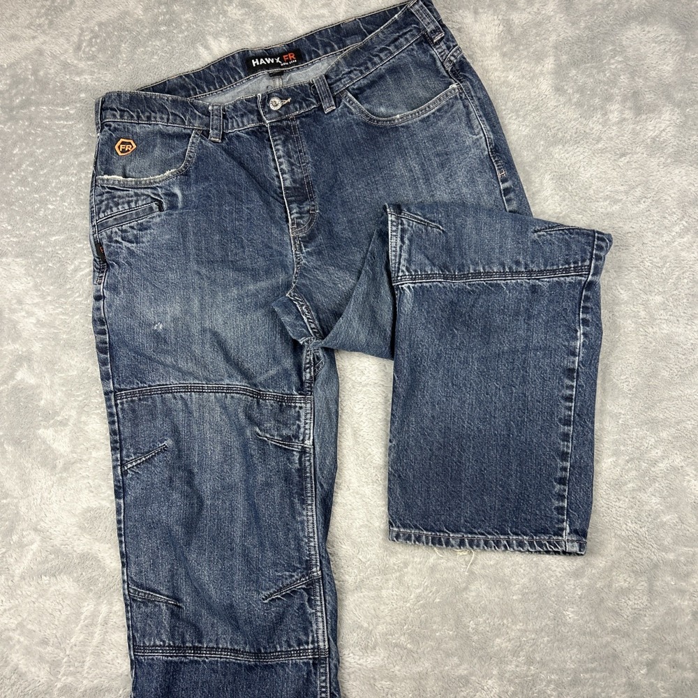 Hawx FR Men's Blue Jeans 38x31 Regular Fit Straight‎ Cut Cat2 Gusset Knees